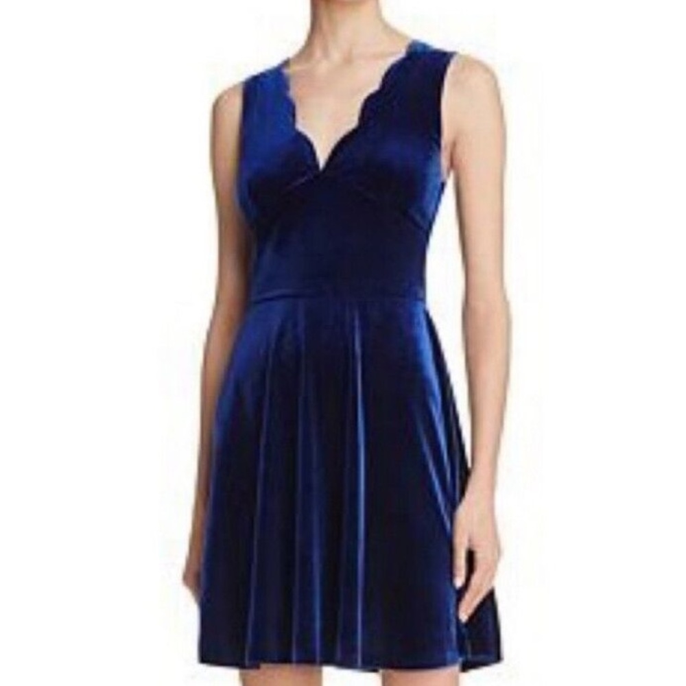 Aqua Dresses Navy Blue Velvet Fit And Flare Scalloped Neckline Dress